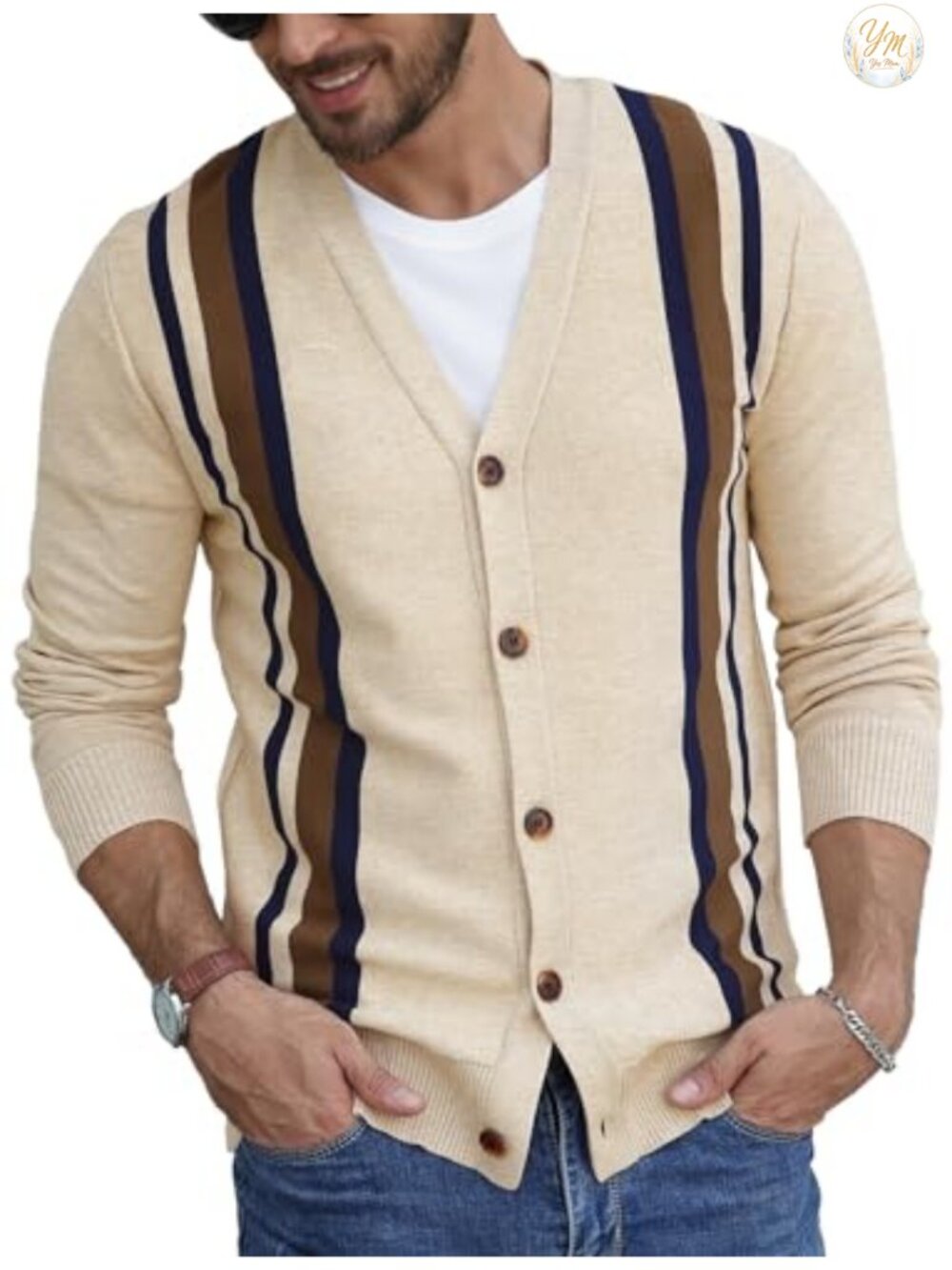 Men's Vintage Striped Long Sleeve Button Cardigan Sweater Knit